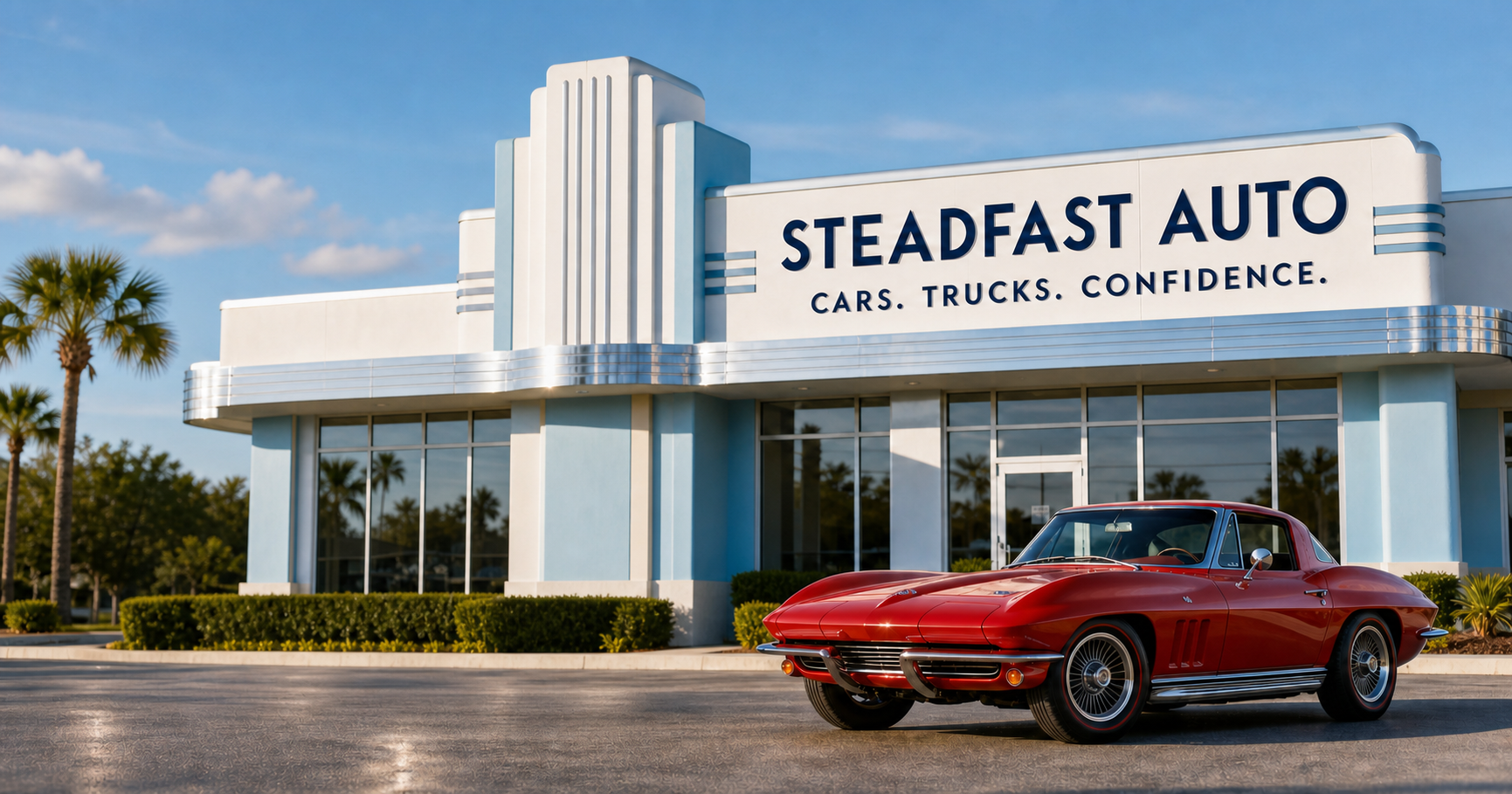 Steadfast Auto Art Deco dealership with a red classic Corvette
